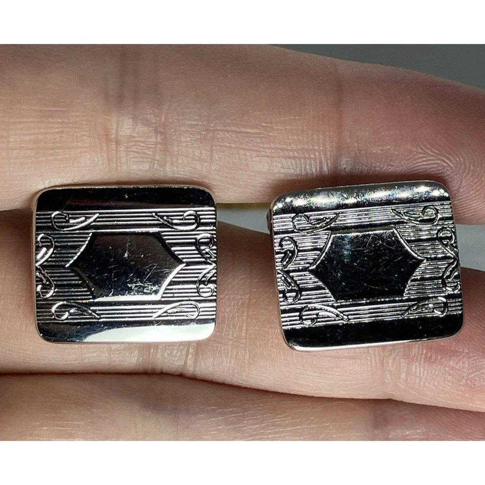 Vtg Silver‎ Tone Cufflinks Ornate Monogram Engrave Ready Old Money Estate MCM